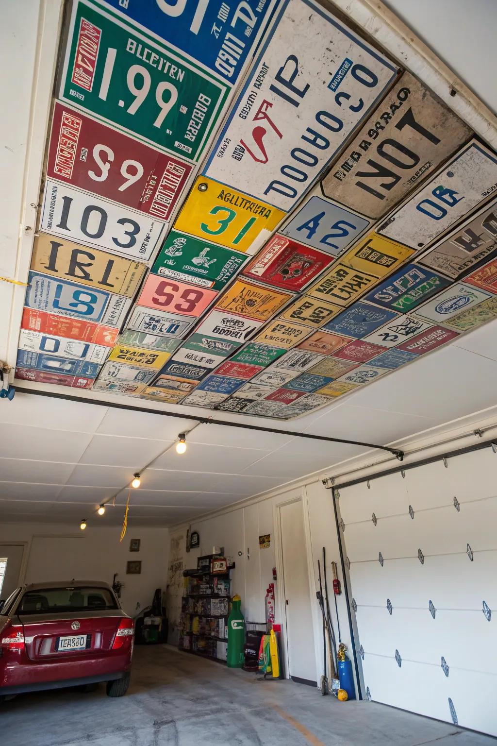 License plates add a playful and personal touch to your garage ceiling.