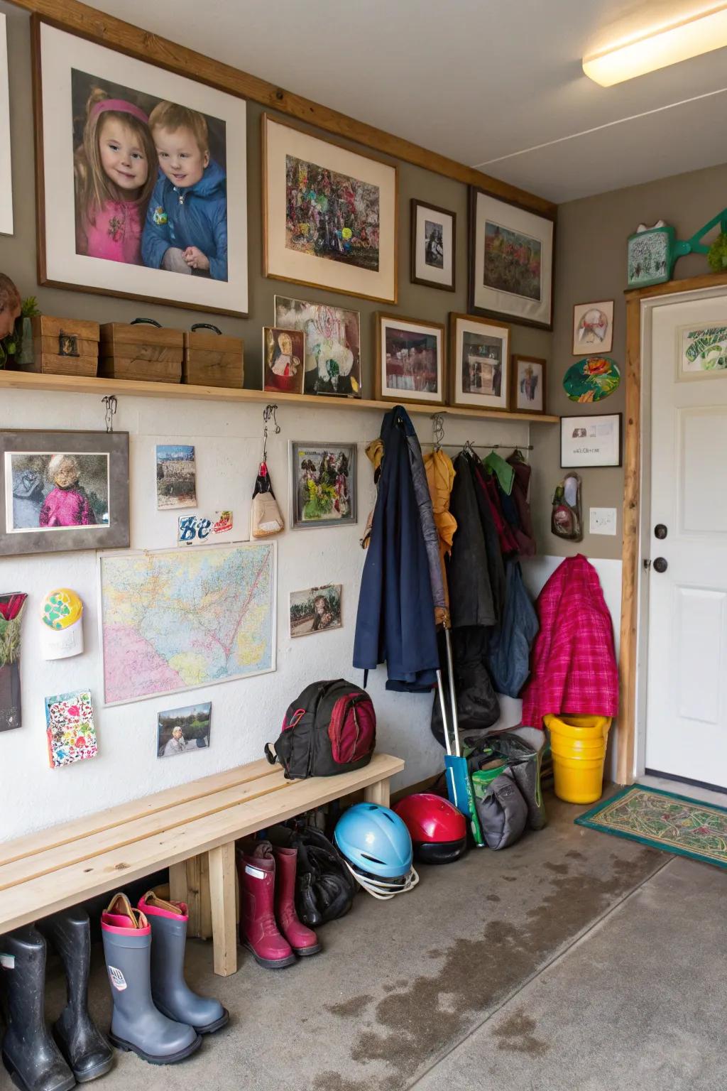 Individualize your mudroom with family portraits and artwork for an added touch of warmth.