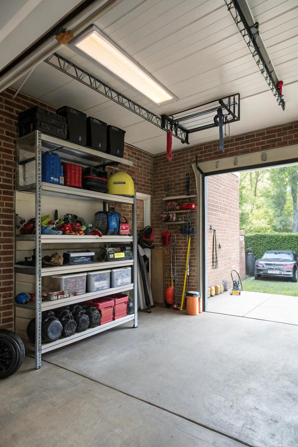 Employ overhead racks for effective storage solutions.