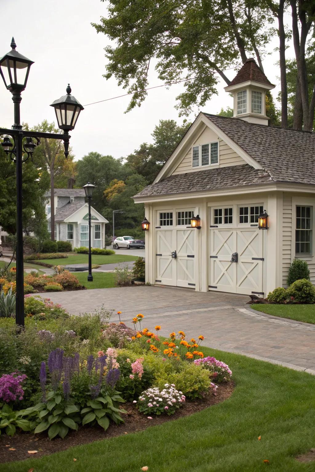 A classic carriage-style garage door with elegant trim.