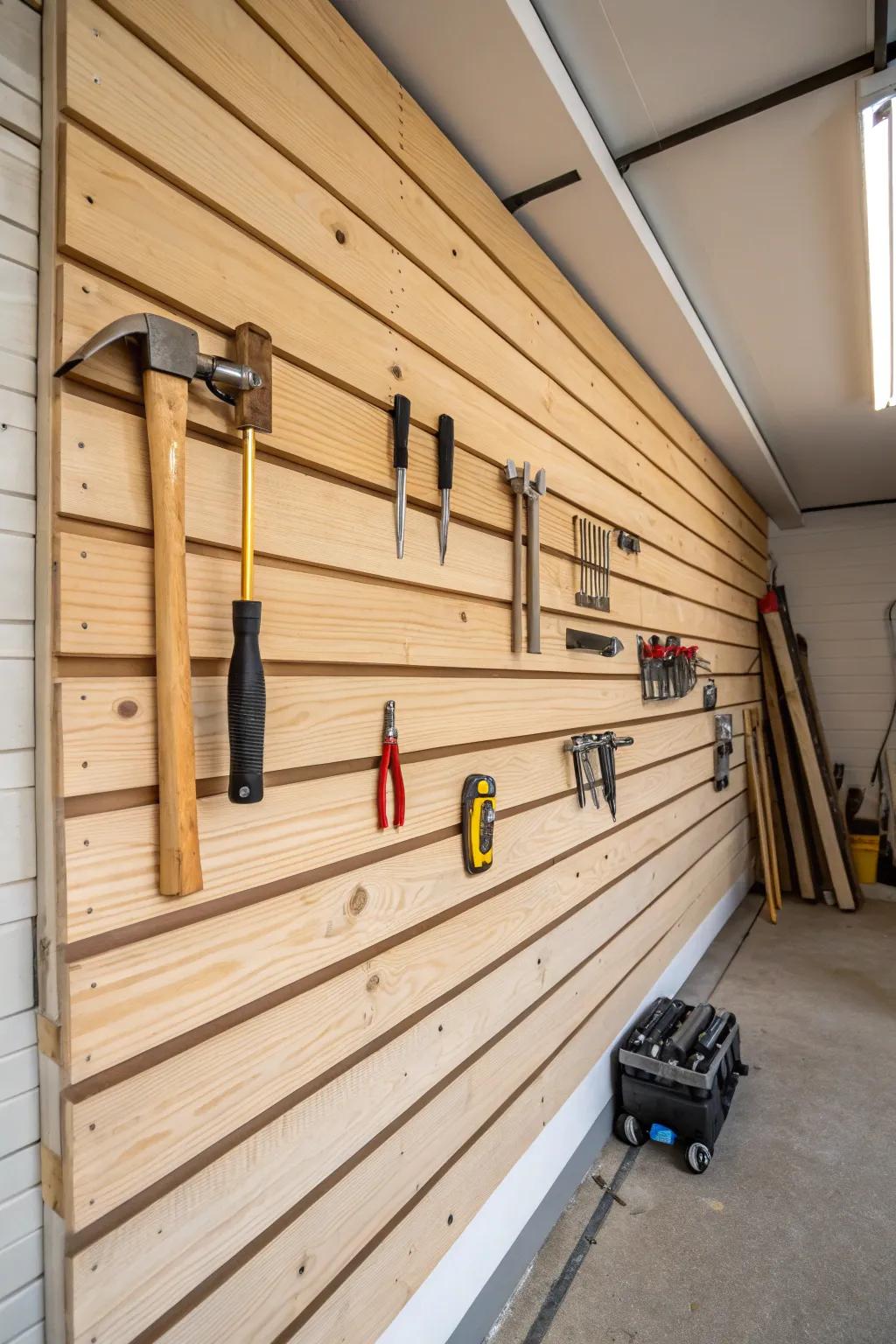 Wood panels bring warmth and texture to garage areas.