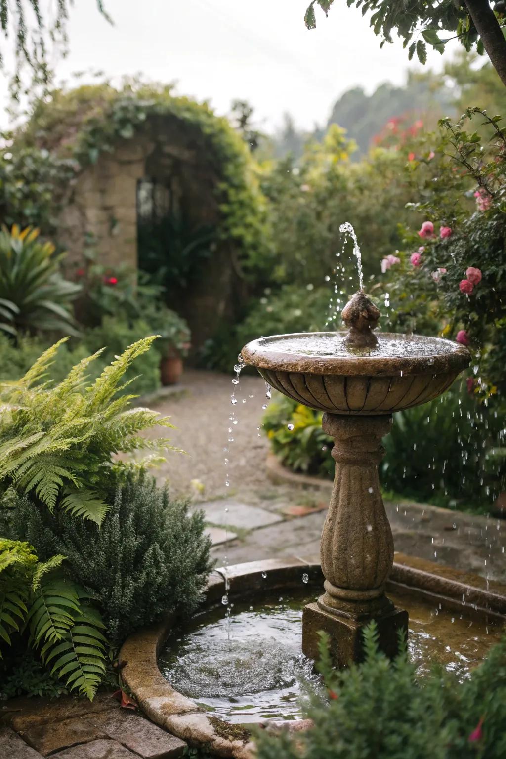 A serene garden fountain circled by rich greenery, adding peace to the space.