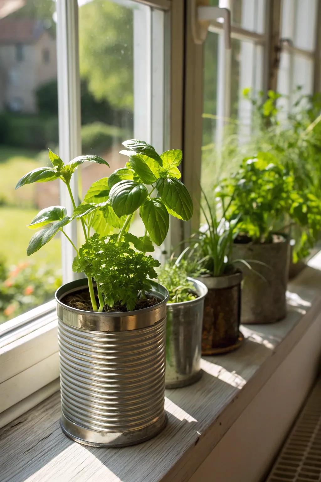 Upcycled containers serve as charming herb planters.