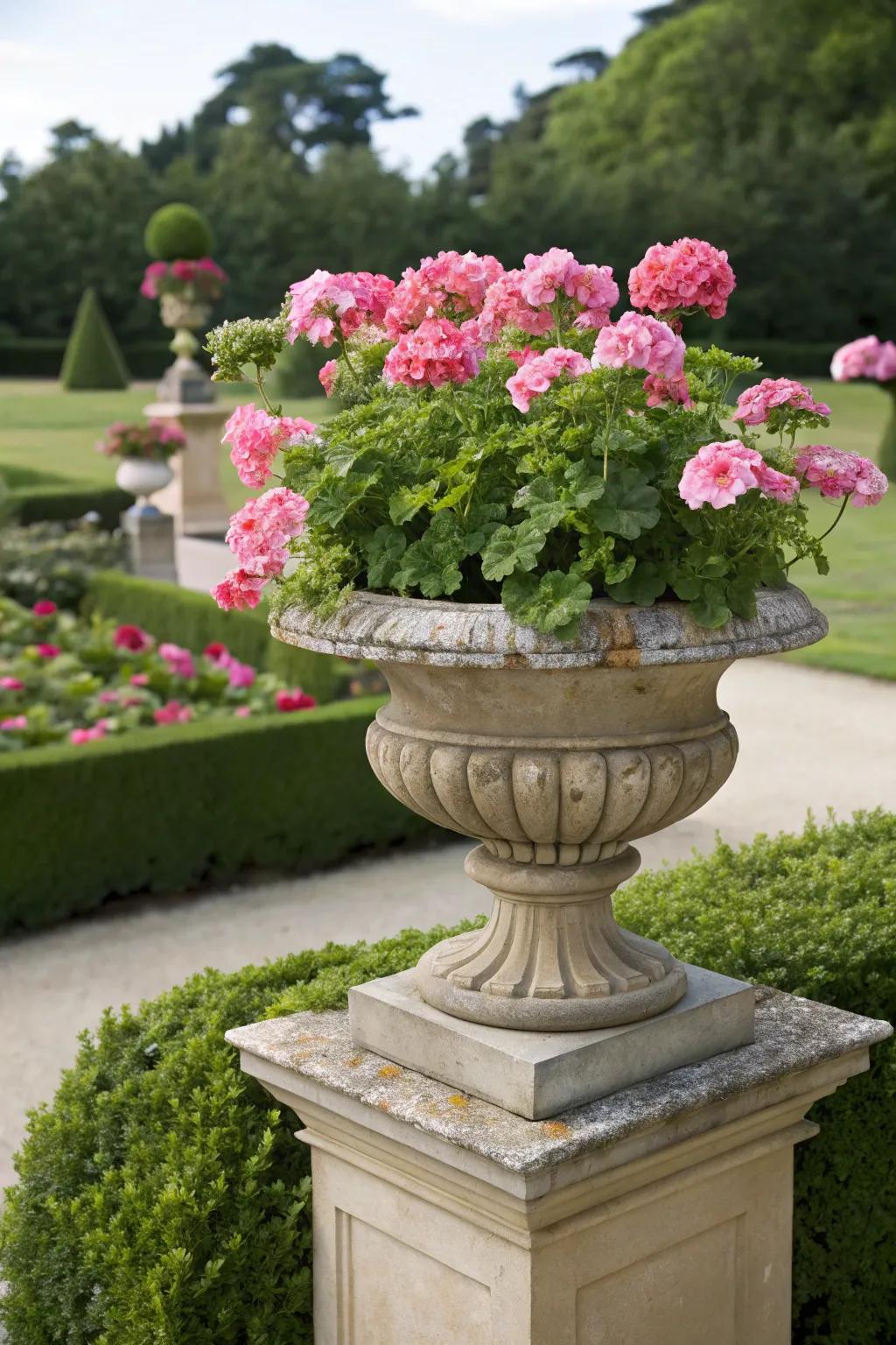 Elegant pink geraniums in a decorative garden vase atop a stone stand.