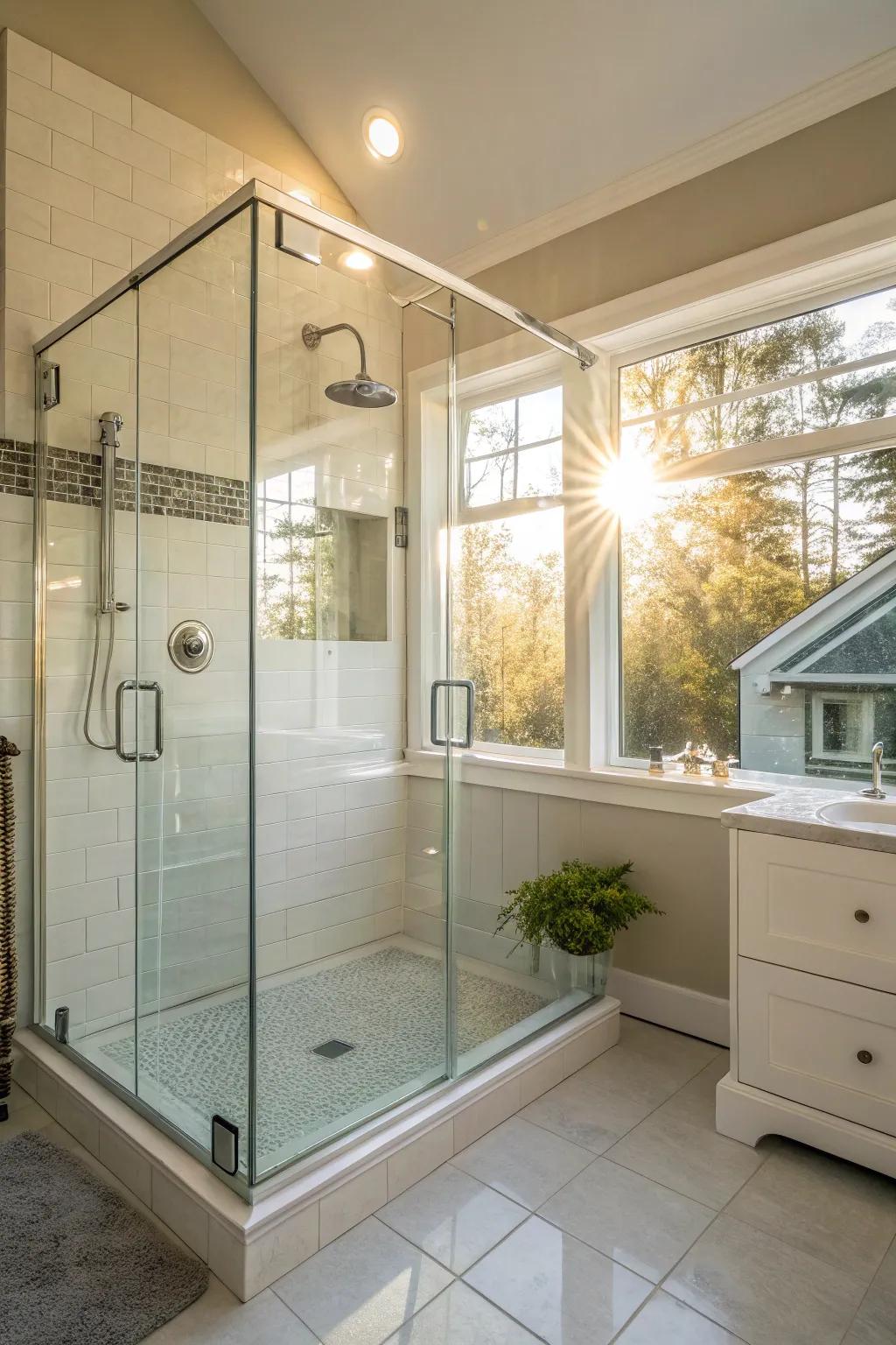 Natural lighting heightens the clarity and openness of a glass shower space.