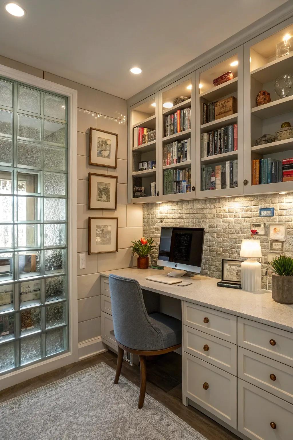 Glass tiles in shelving alcoves add style and reflect light beautifully.
