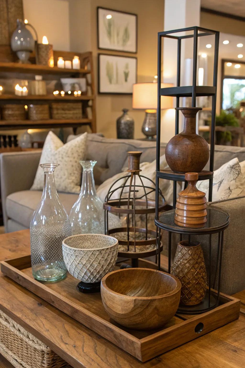 A stunning integration of glassware featuring timber and metallic nuances.