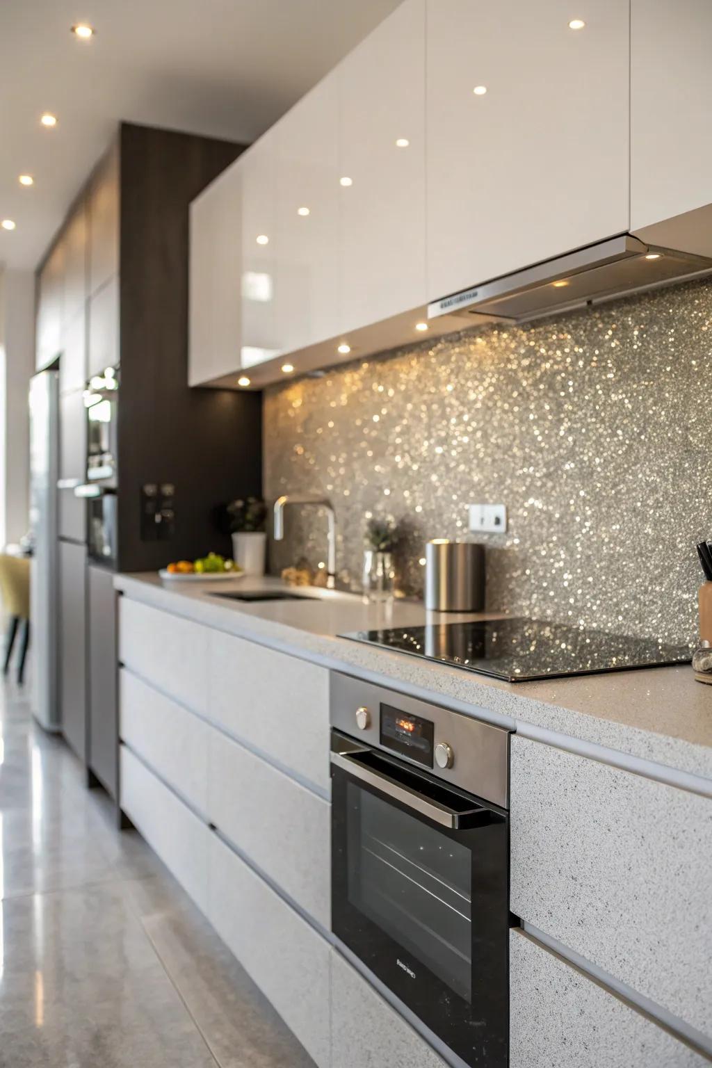 A glitter accent wall infuses sparkle within a kitchen.
