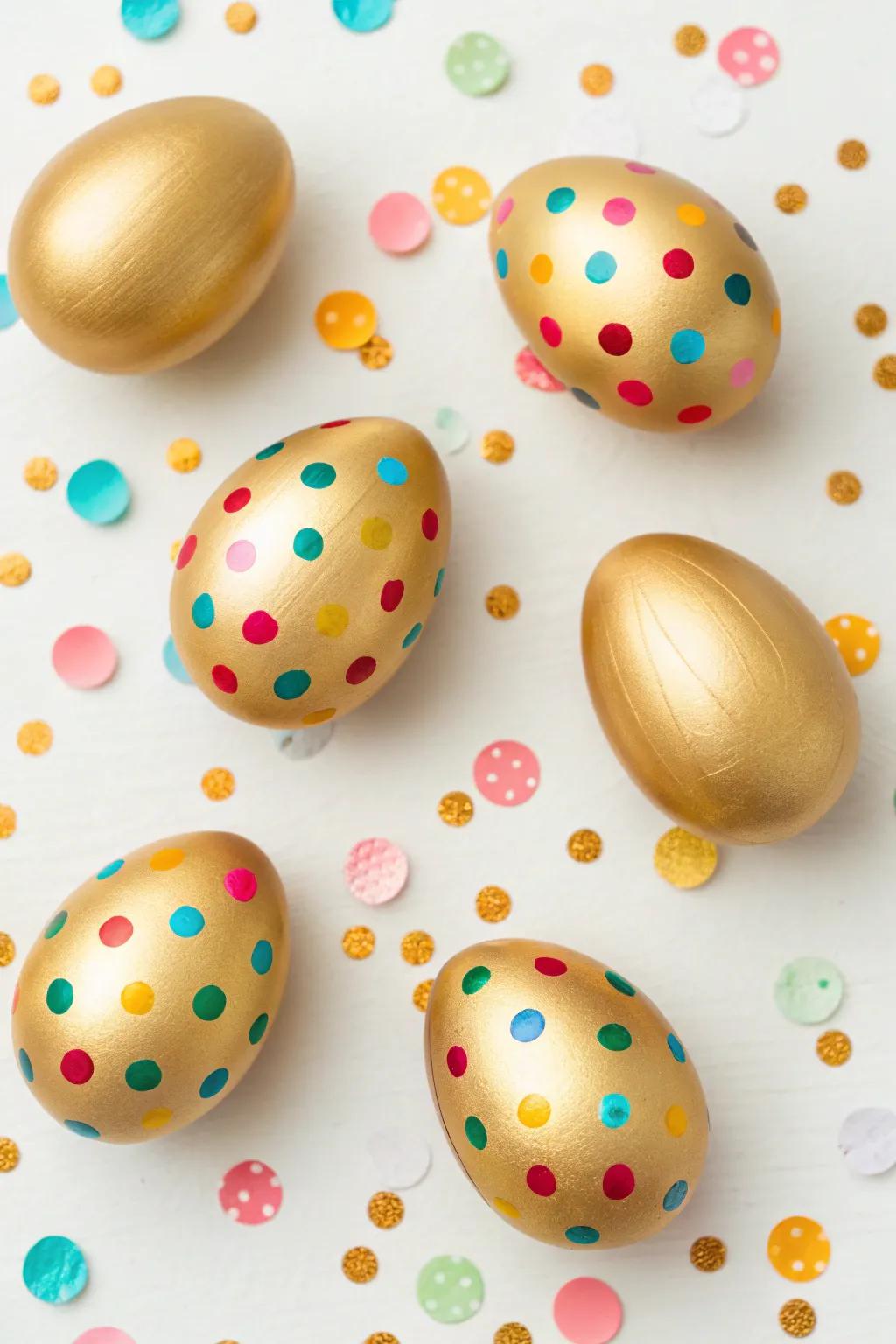 Gilded eggs accentuated with a scattering of confetti, thereby cultivating a spirited Easter ambiance.
