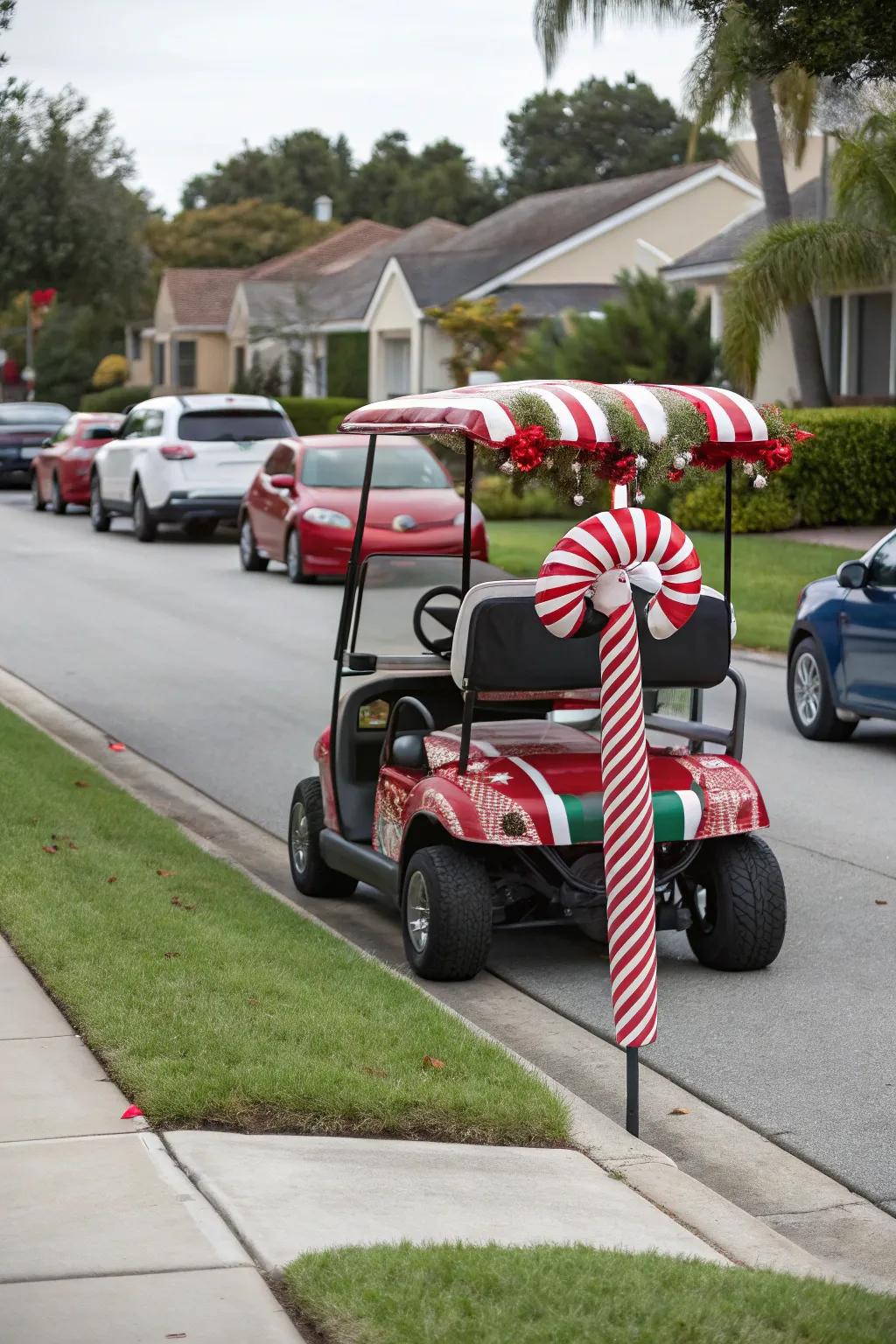 A golf cart that commands attention with its candy cane motif.