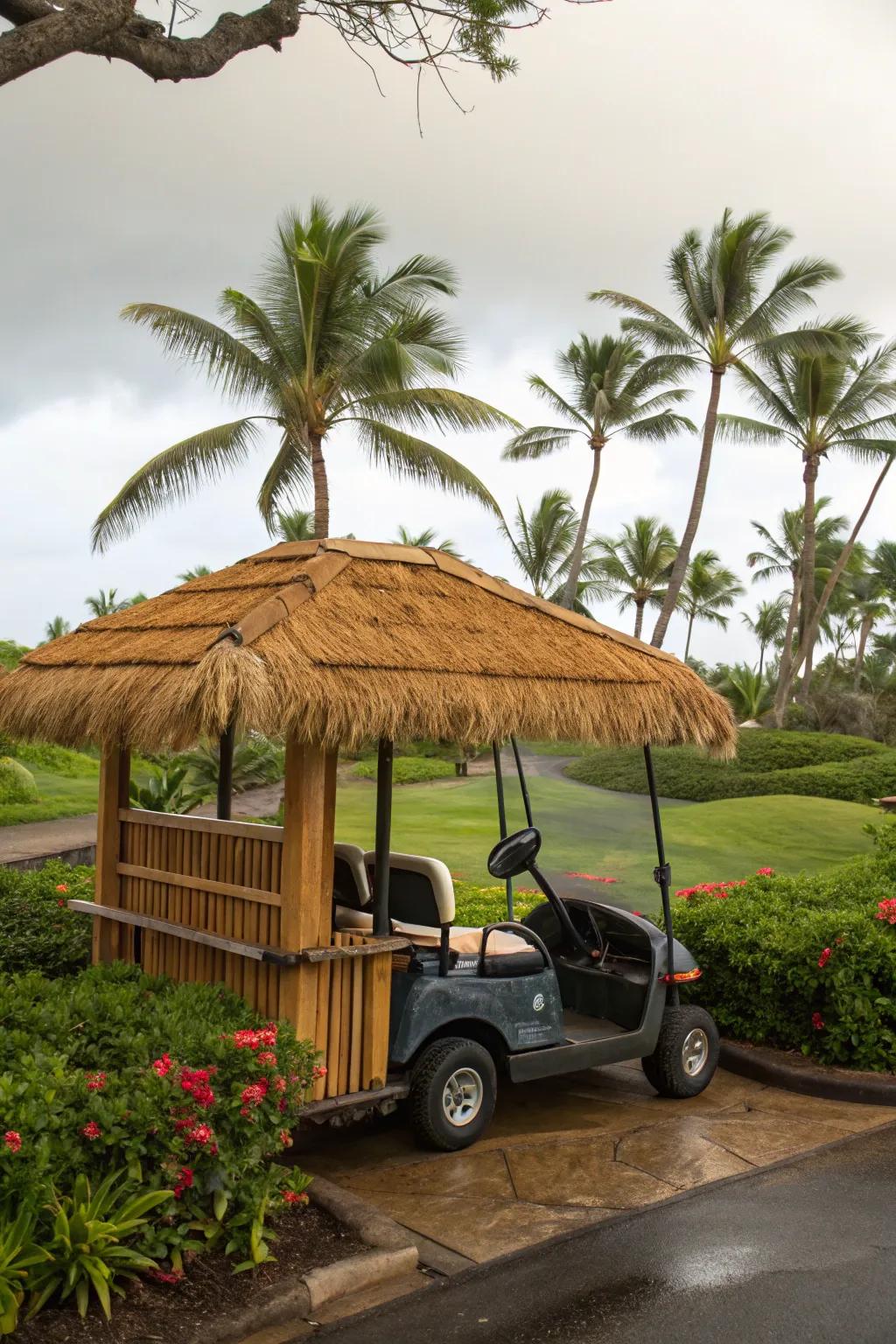 Turn your golf cart into a tiki hut on wheels for a fun and festive look.