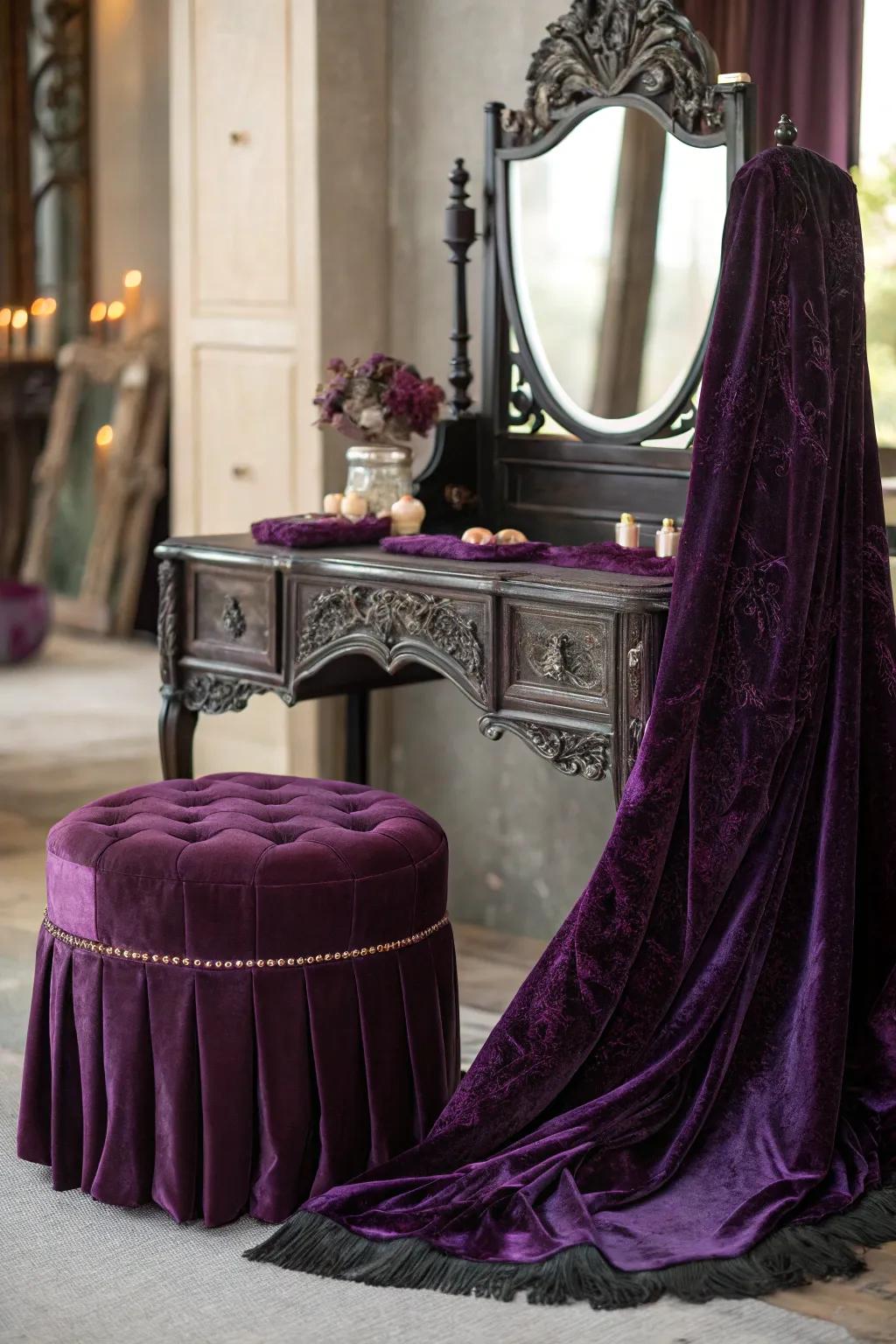 Rich velvet accents introduce luxury and dimension to the arrangement.