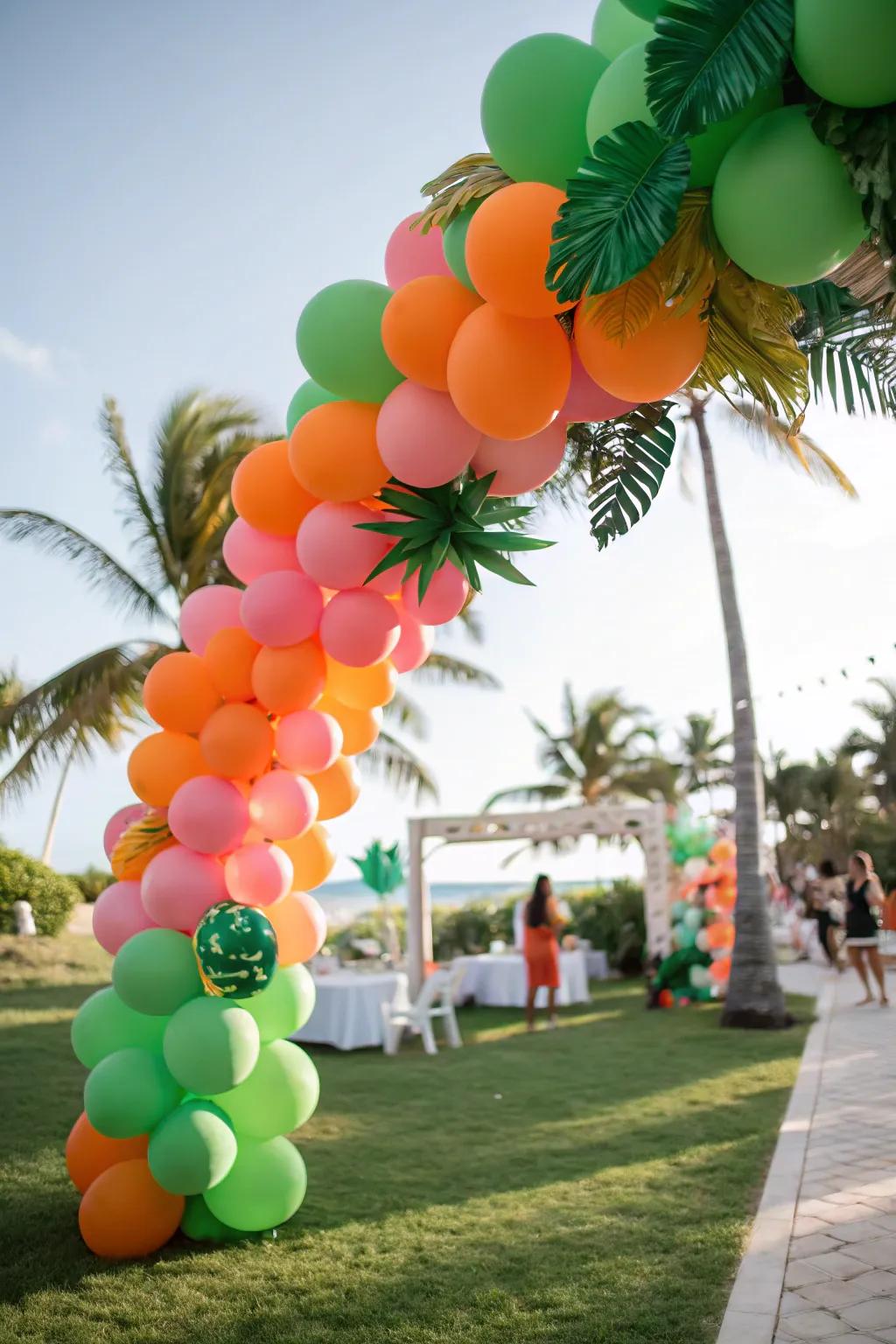 Vibrant tropical-inspired balloon garland for a festive vibe.