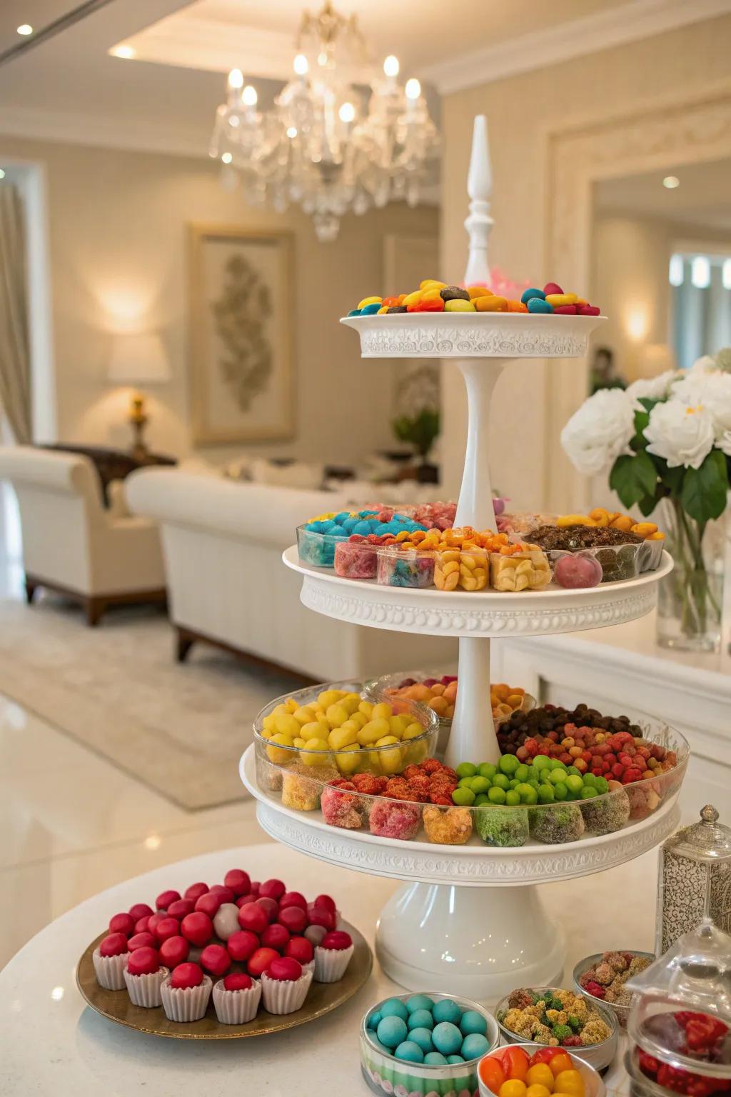 Tiered stands infuse your candy arrangement with structure and elegance.