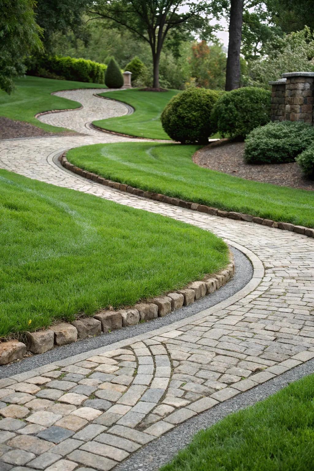 Winding pathways of grass introduce a whimsical element to the driveway.
