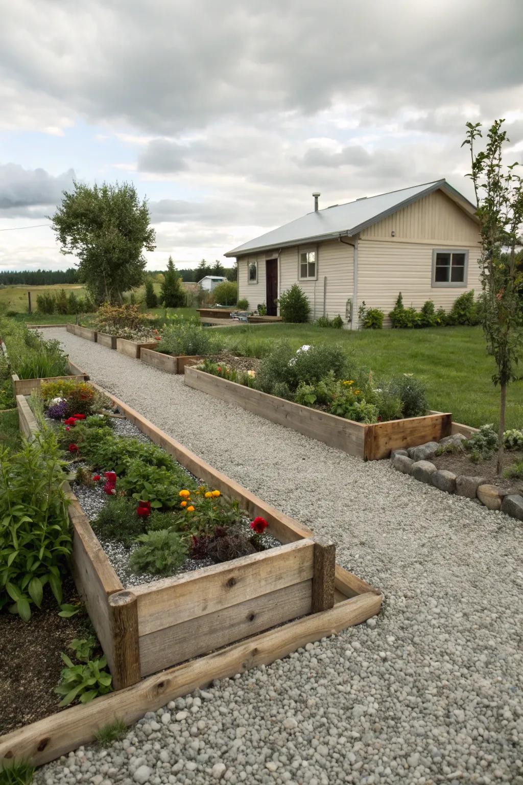Raised planter beds add measurement to a rock yard.