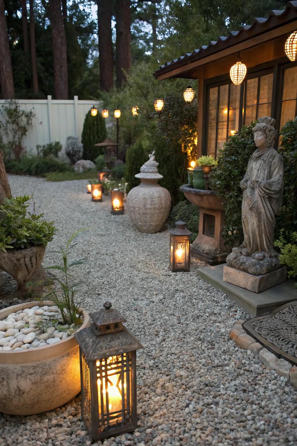A gravel patio improved with captivating decorative elements and illumination.