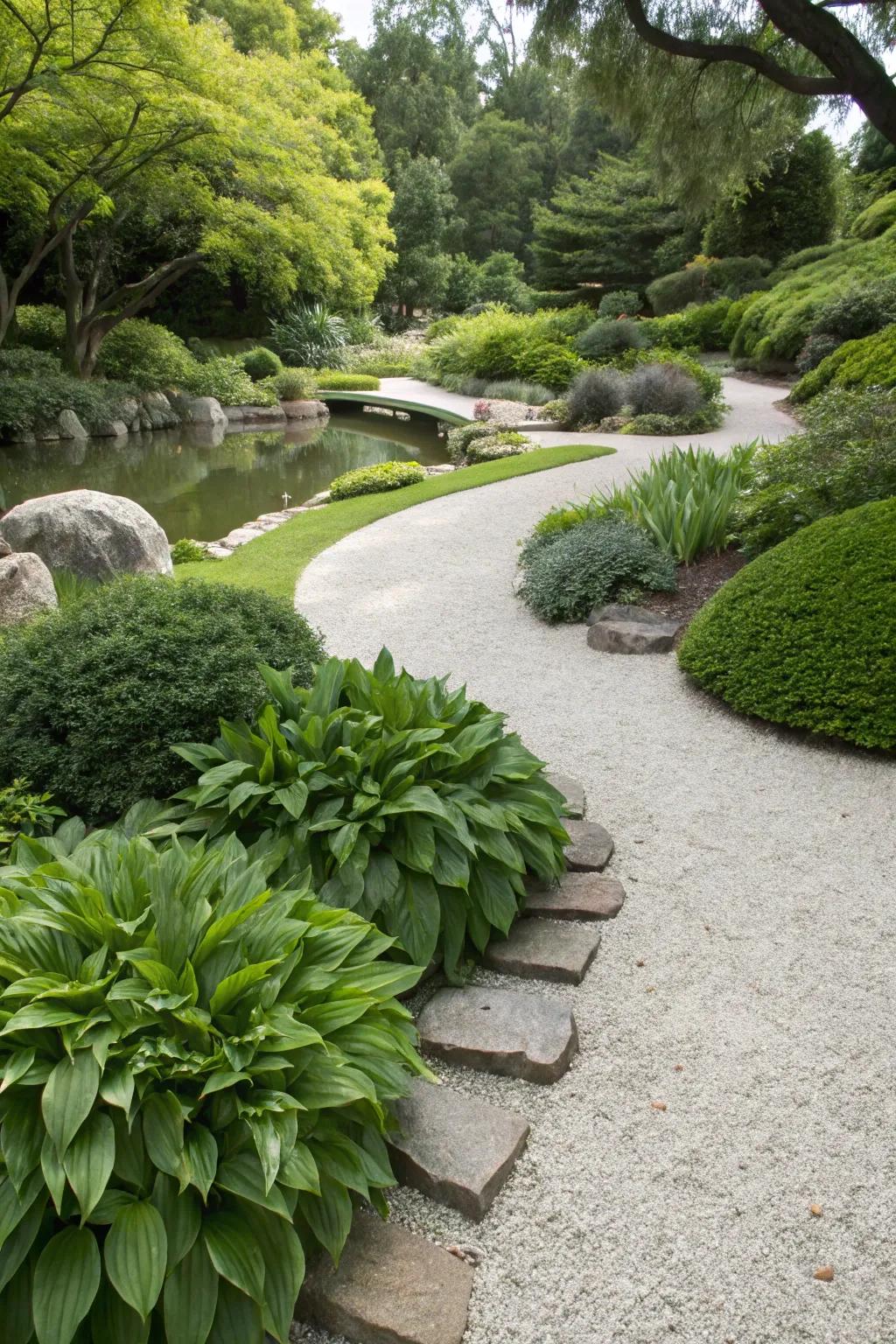 A vibrant garden bed with greenery flourishing in chippings.