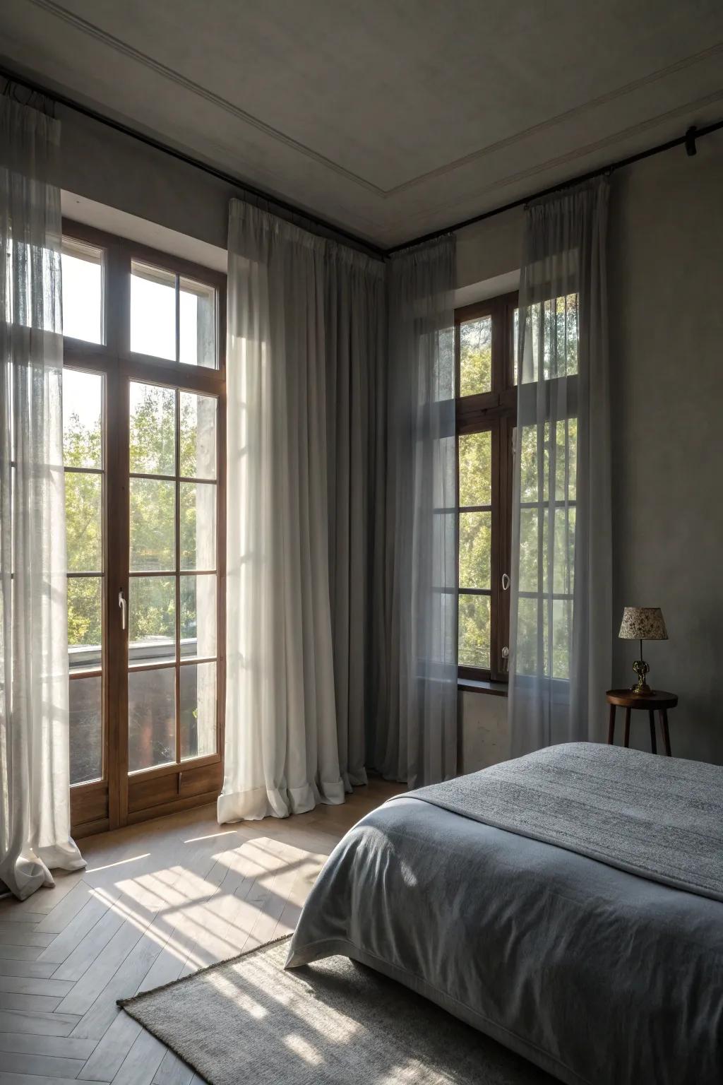 Natural light enhancing the soothing atmosphere of a gray bedroom.