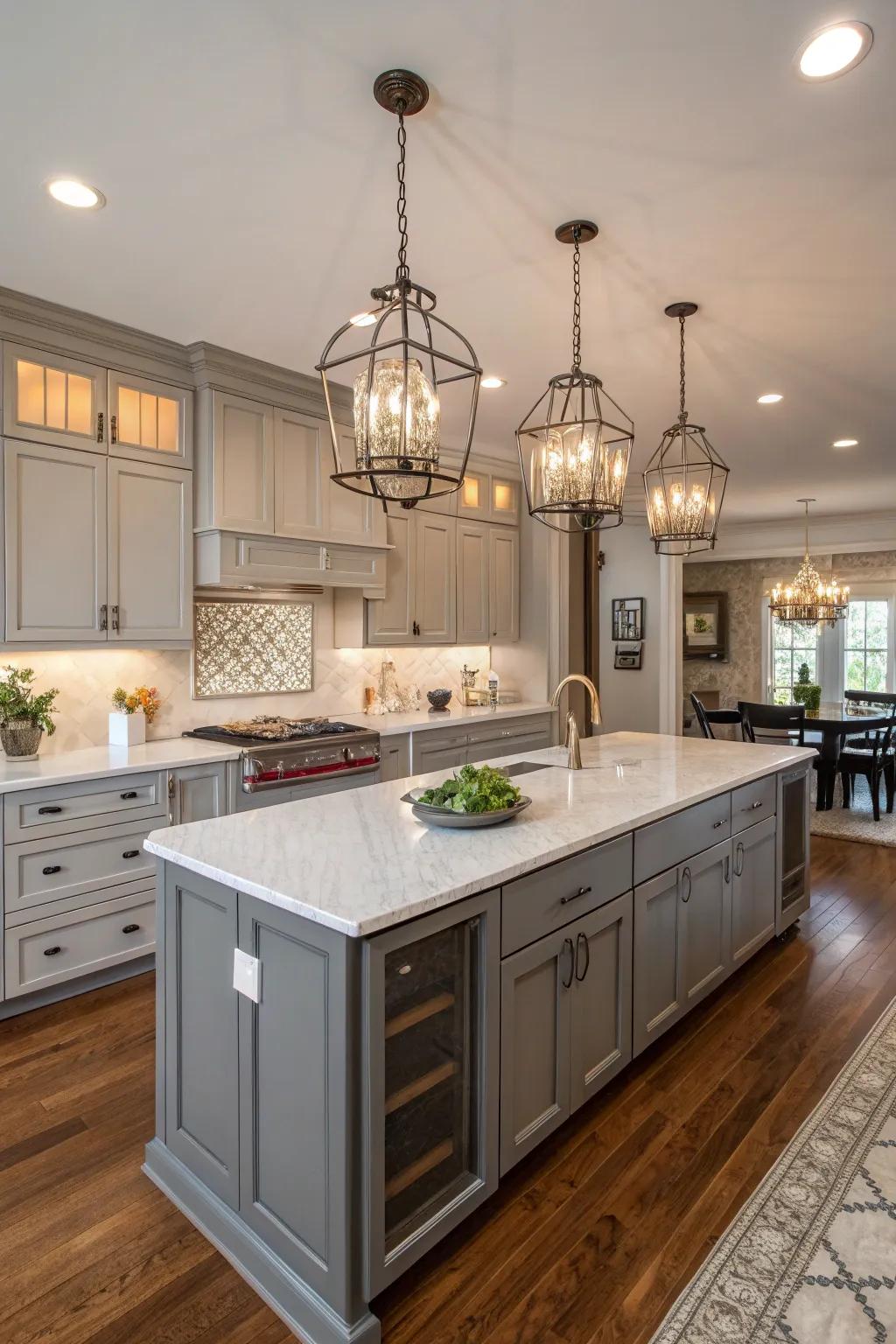 Strategic lighting accentuates the refined design of gray cabinets.