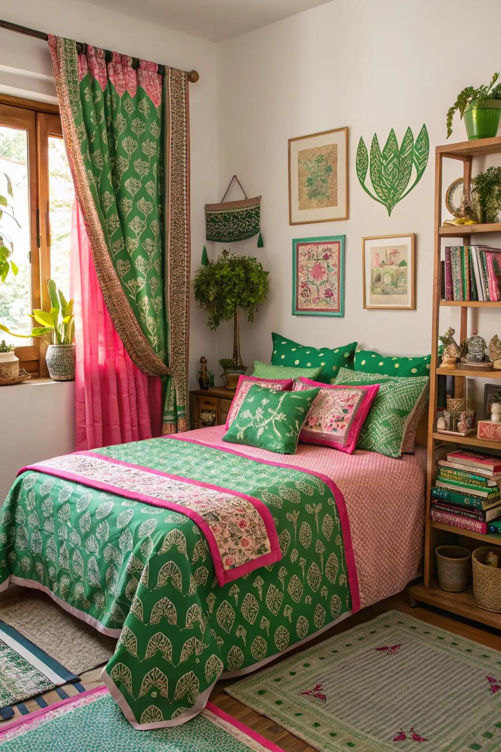 Eclectic patterns in green and pink add playful charm to your space.