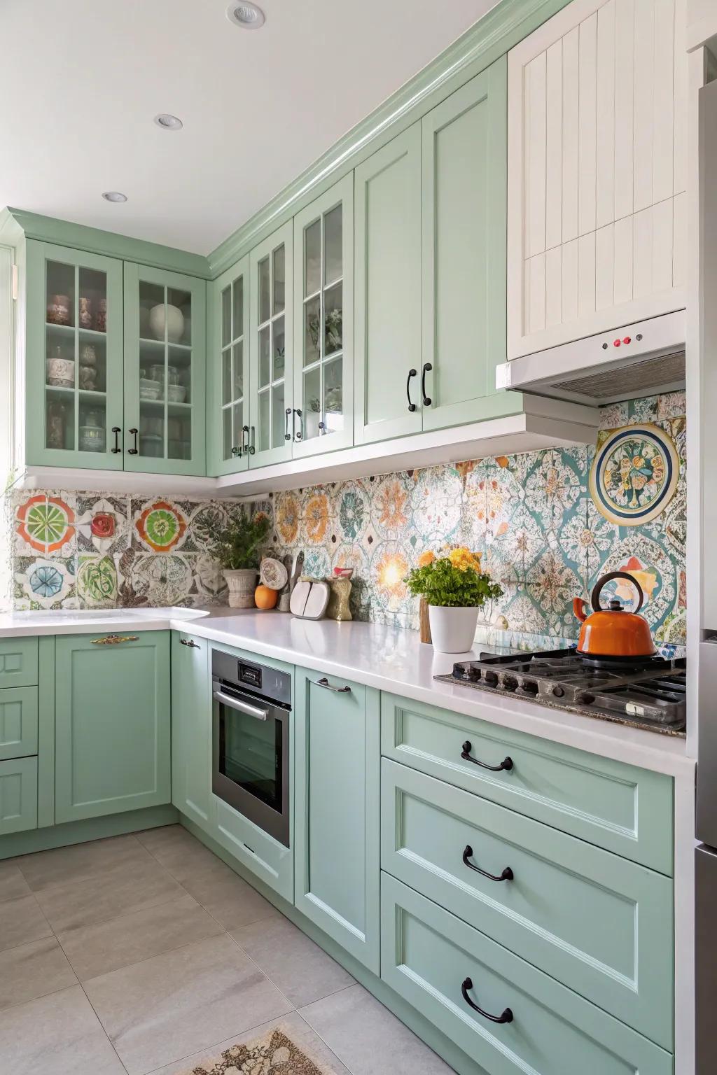Playful kitchen featuring spearmint cabinets and vibrant features.