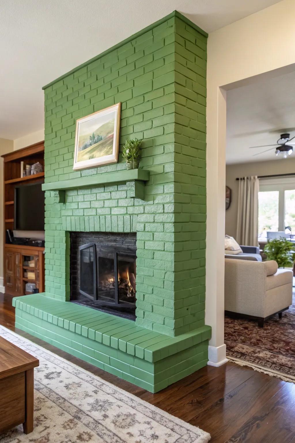 A modern living room showcasing a stunning colored brick fireplace.