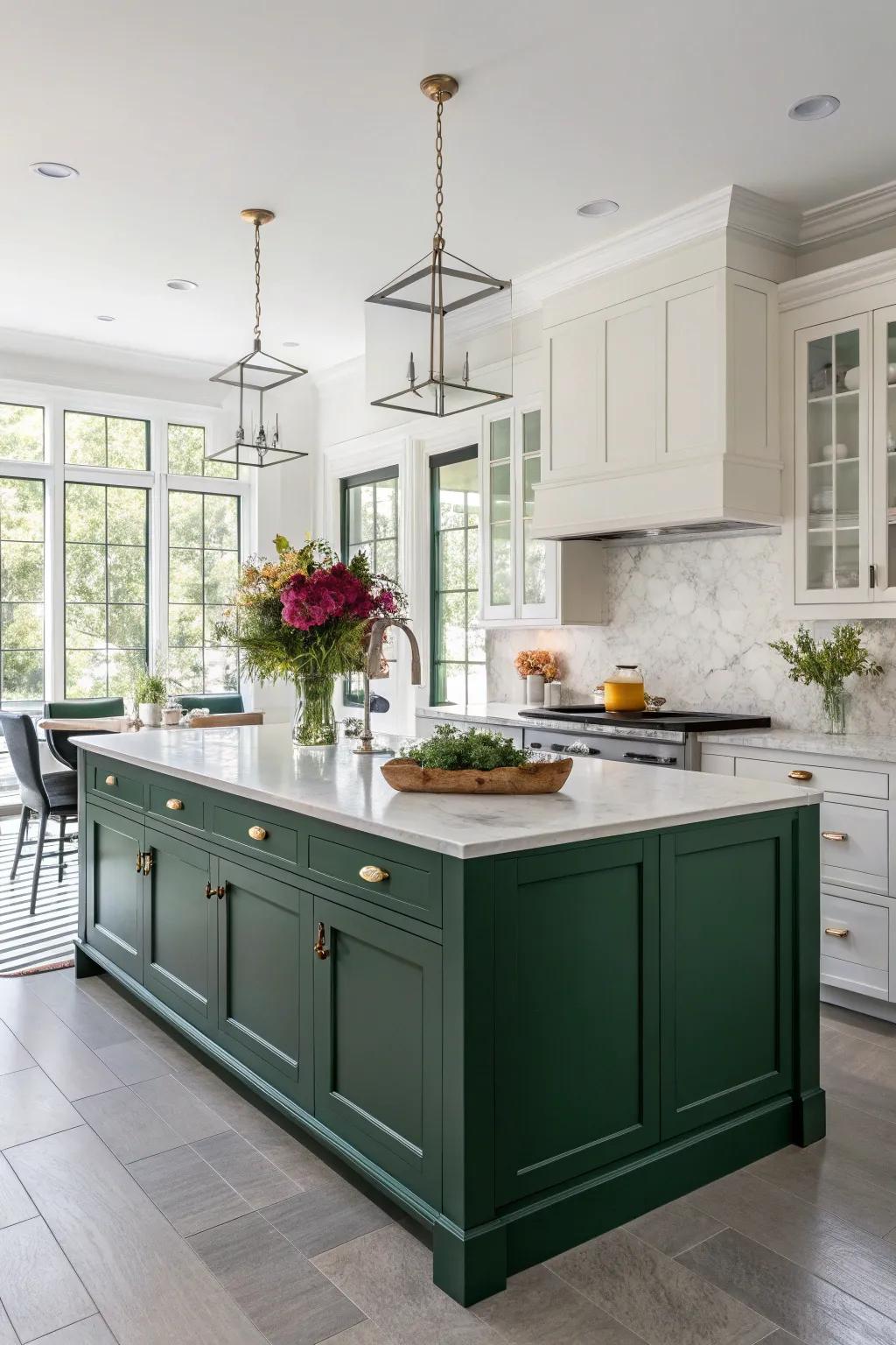 A green cooking area center island adds a sophisticated burst of color.