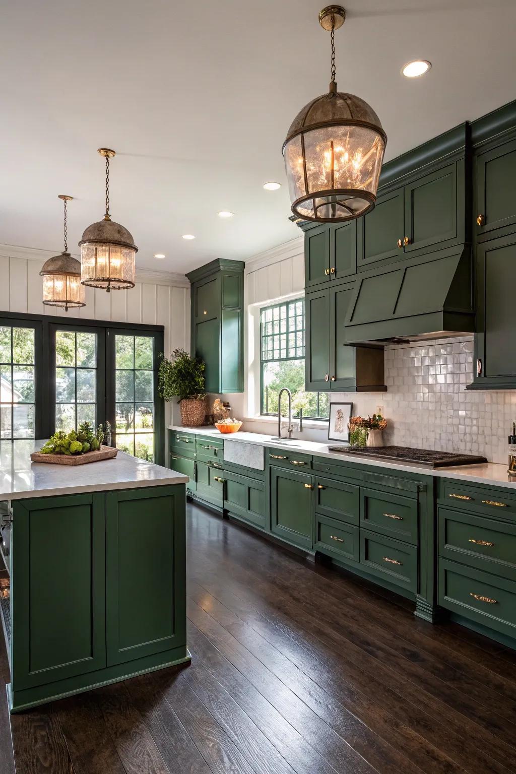 Moss green cabinets construct a rich and emotive aesthetic.