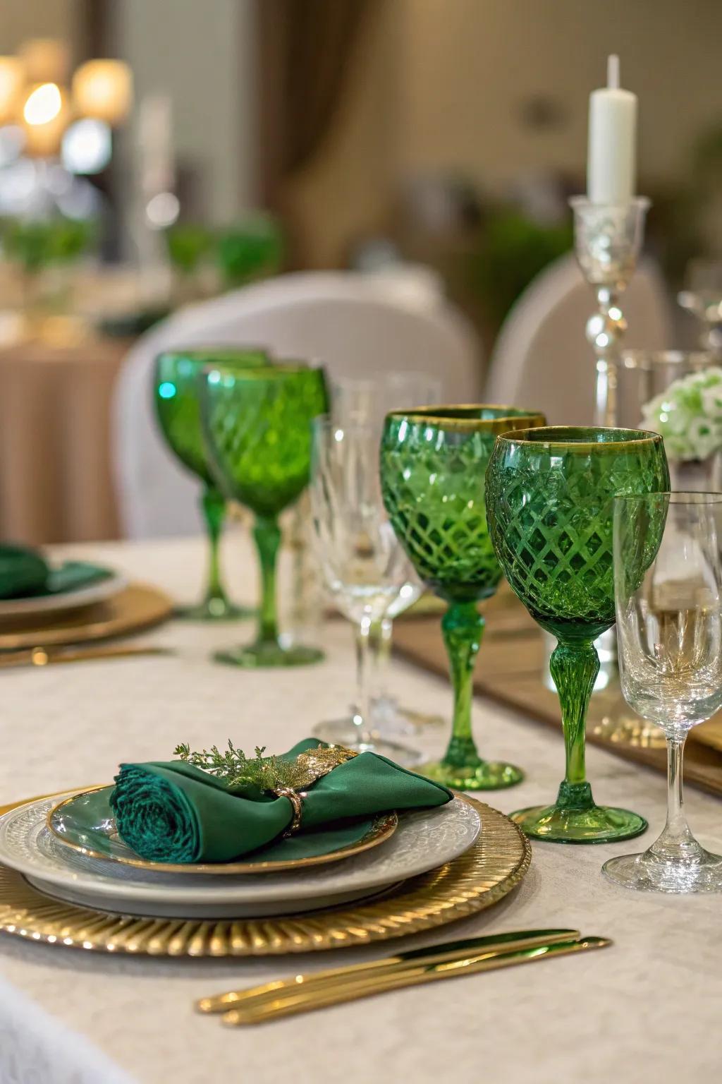 Green-tinted glasses adding a special charm to the table.