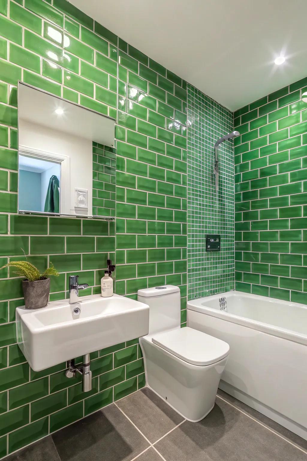 A green tile accent wall adds a bold focal point.