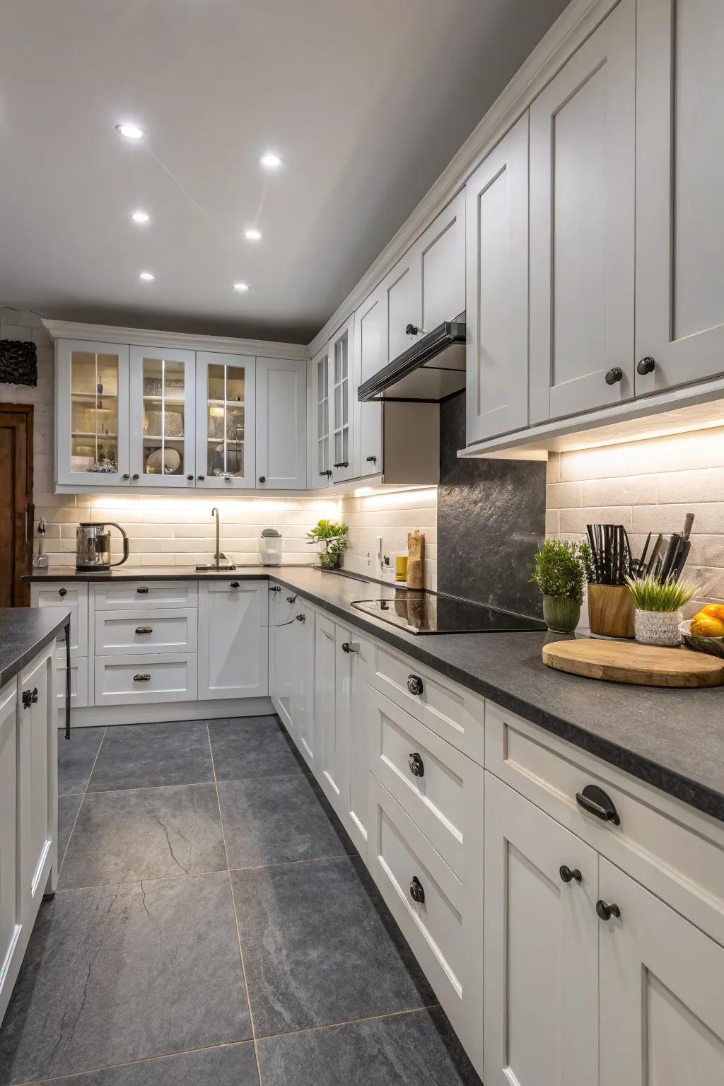 Contrasting work surfaces within a chic kitchen design