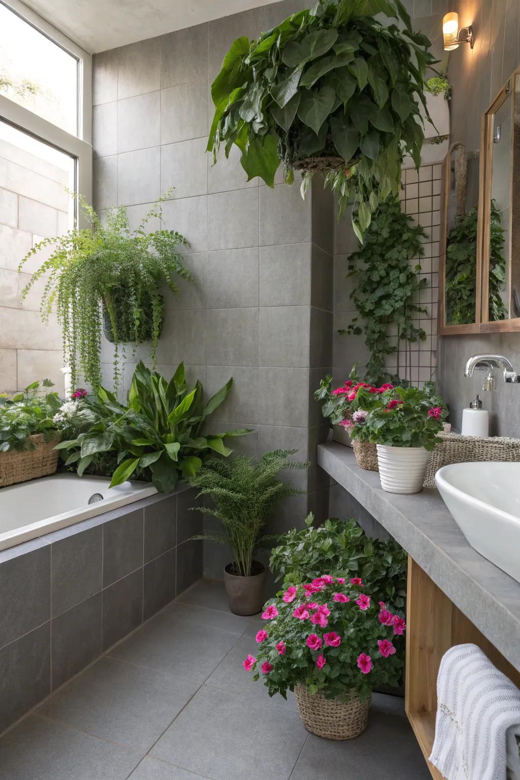 Lush greenery adds life and vibrancy to the grey bathroom.
