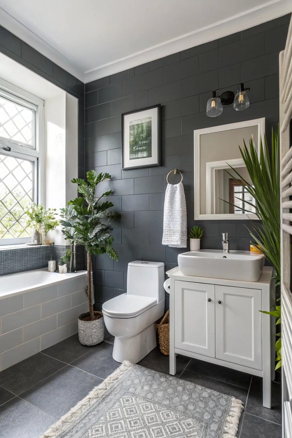 Deep slate grey walls emanate luxury and sophistication in this contemporary bathroom.