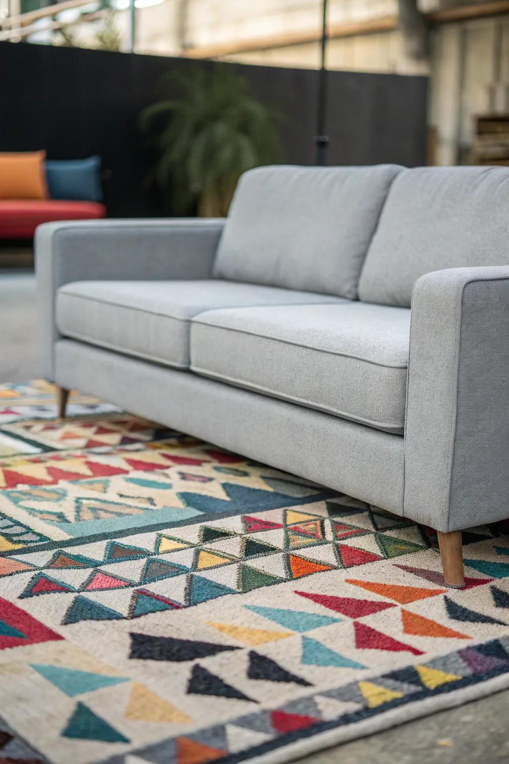 A grey sofa enhanced by a striking decorated floor covering.