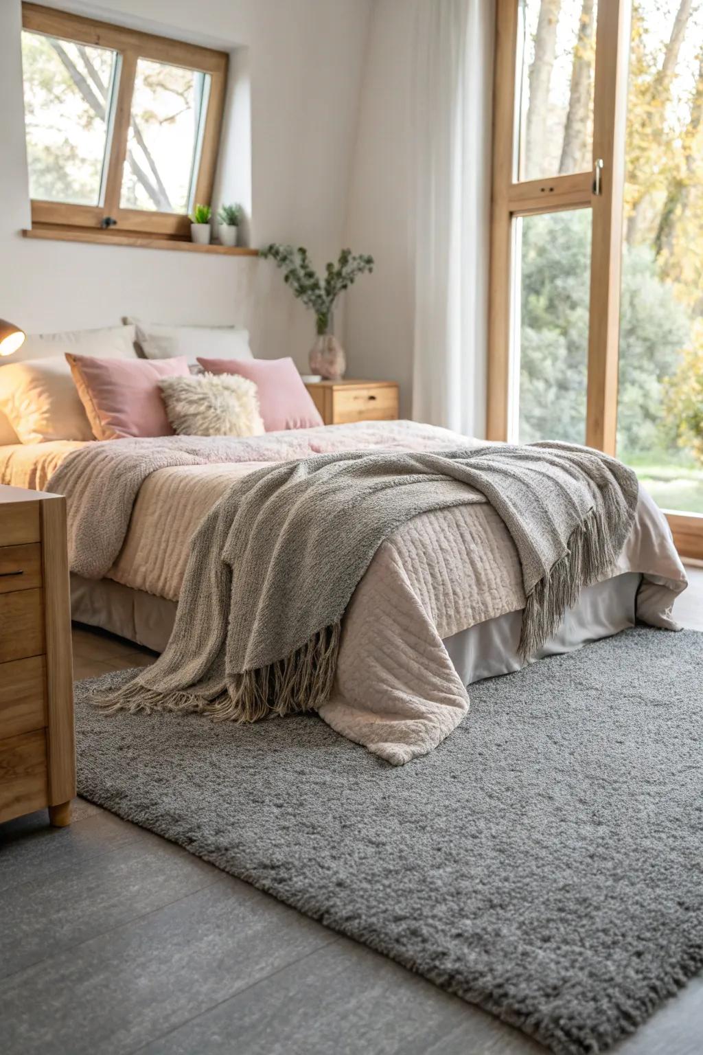 Grey carpet fosters a relaxing and welcoming mood in this bedroom.