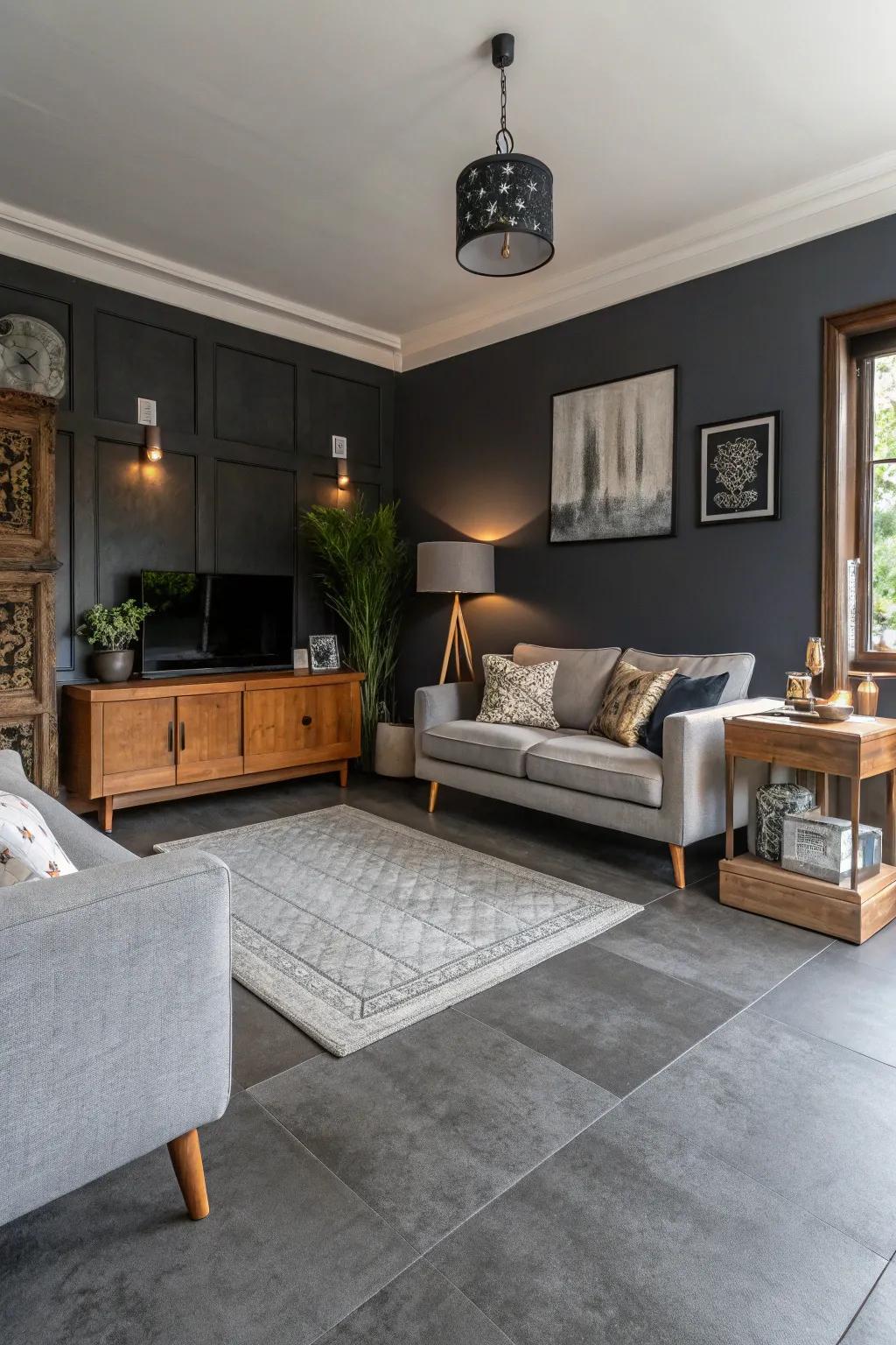Contrast brings out the beauty of grey floors.