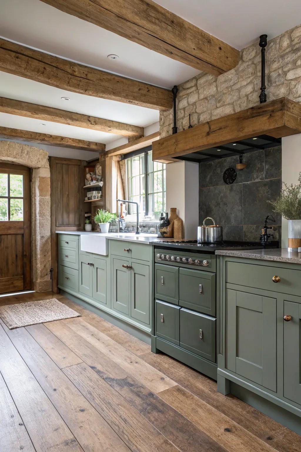 Rustic wood flooring beautifully enhances the modern appeal of grey-green cabinets.