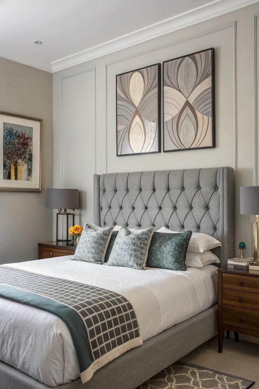 An artistic bedroom highlighting abstract wall art above a grey headboard.