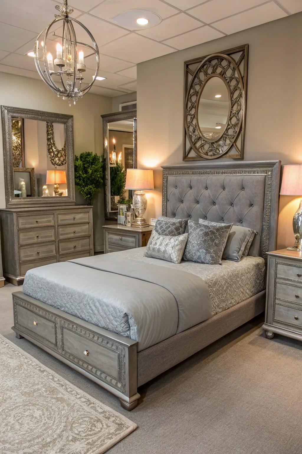 Metallic accents infuse grey furniture with a hint of opulence.