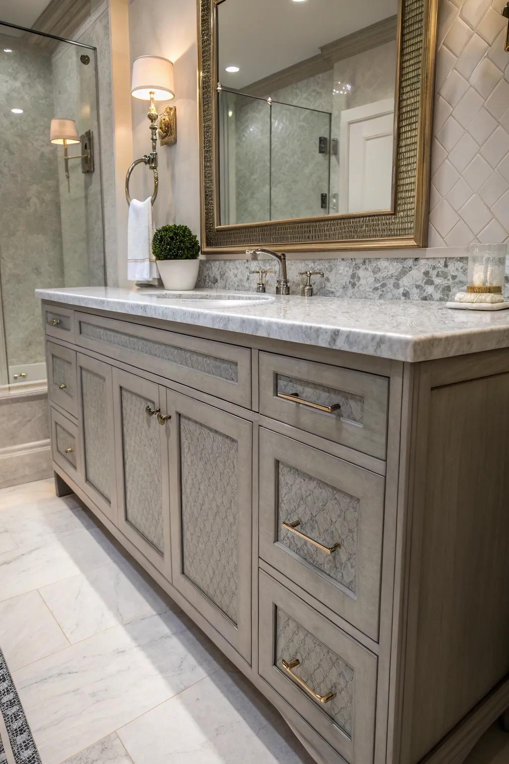Opposing surfaces create a sophisticated appearance in this grey vanity restroom.