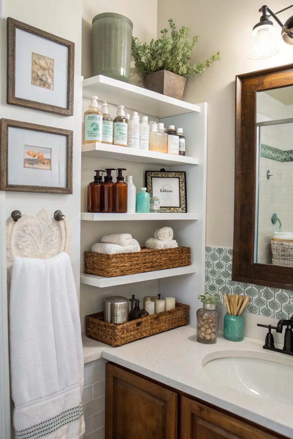 A guest bathroom featuring open shelving, showcasing toiletries and decorative items.