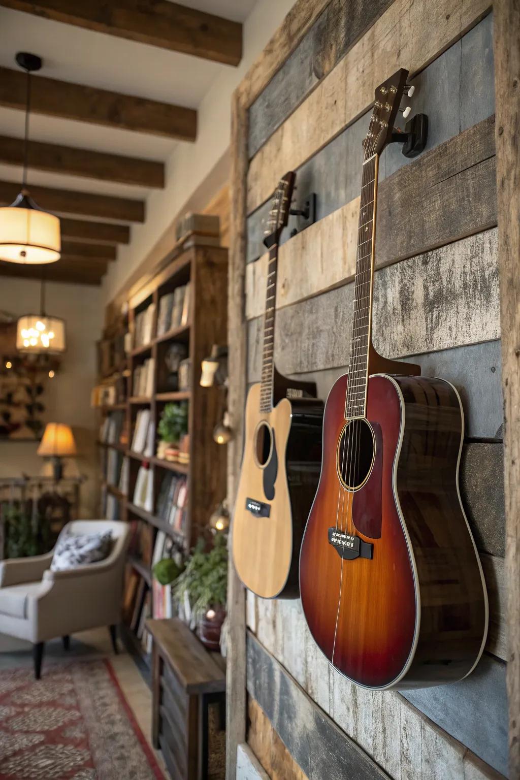 Guitars displayed on a rustic reclaimed wood wall.
