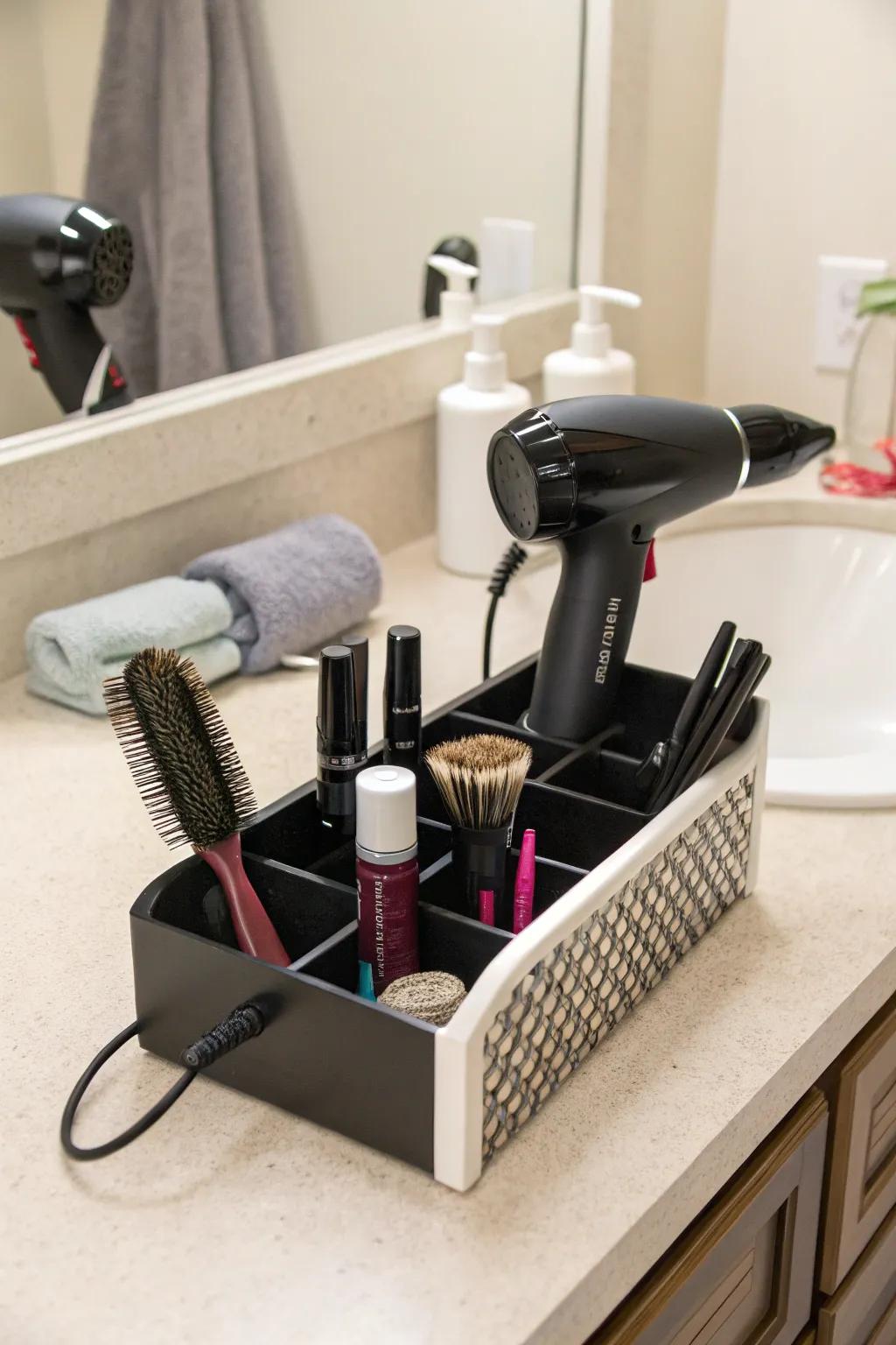 Small-scale countertop arrangements for organized and accessible styling tools.
