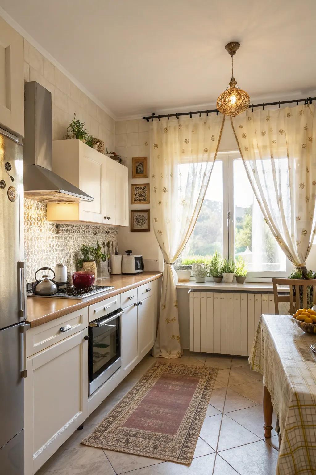 A bright kitchen featuring cafe-style window coverings.