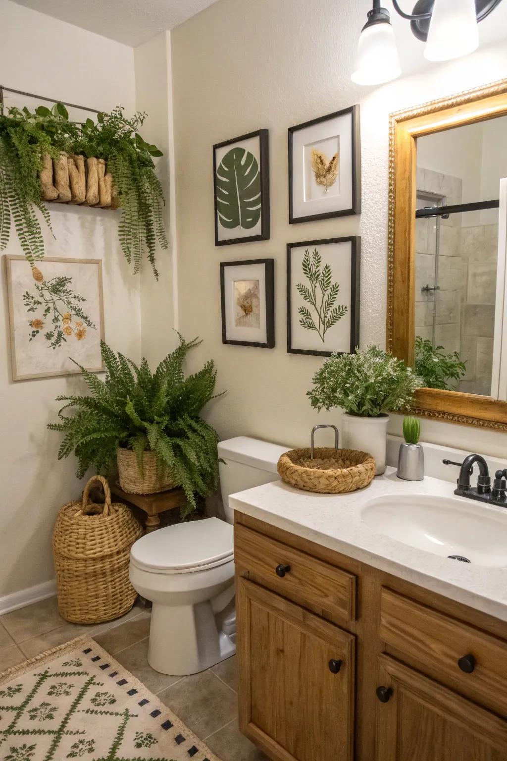 Decorative elements bring personality and warmth to a hall bathroom.