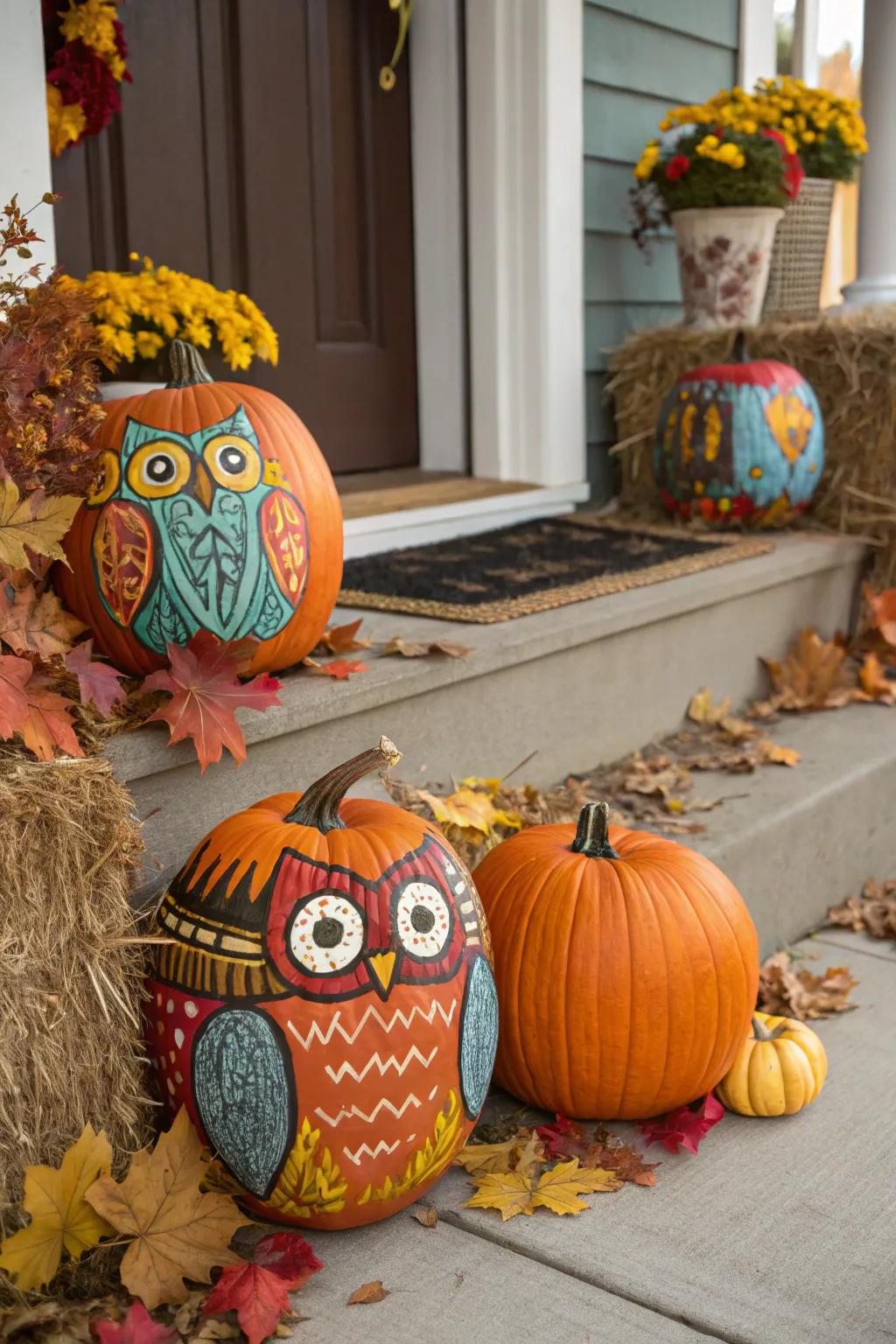 Owl-painted pumpkins infuse a whimsical accent to fall decor