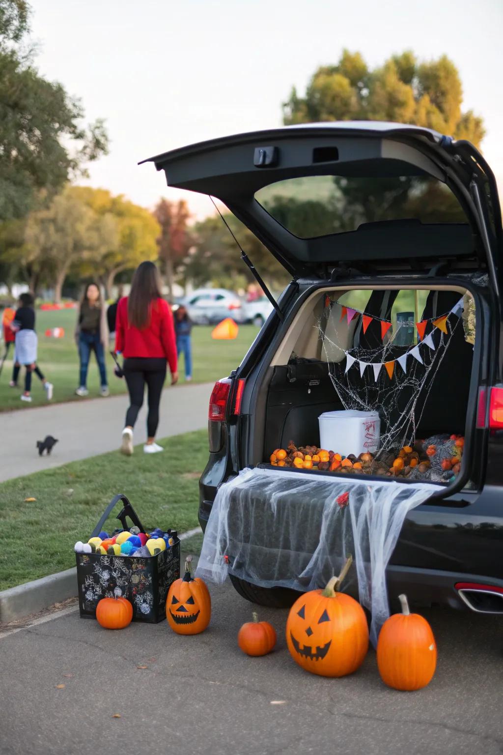 A creatively adorned trunk serves as the perfect focal point for trunk-or-treat occasions.