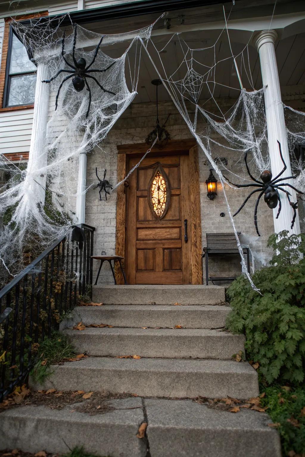 Dense arachnid filaments amplify the haunted mansion ambiance.