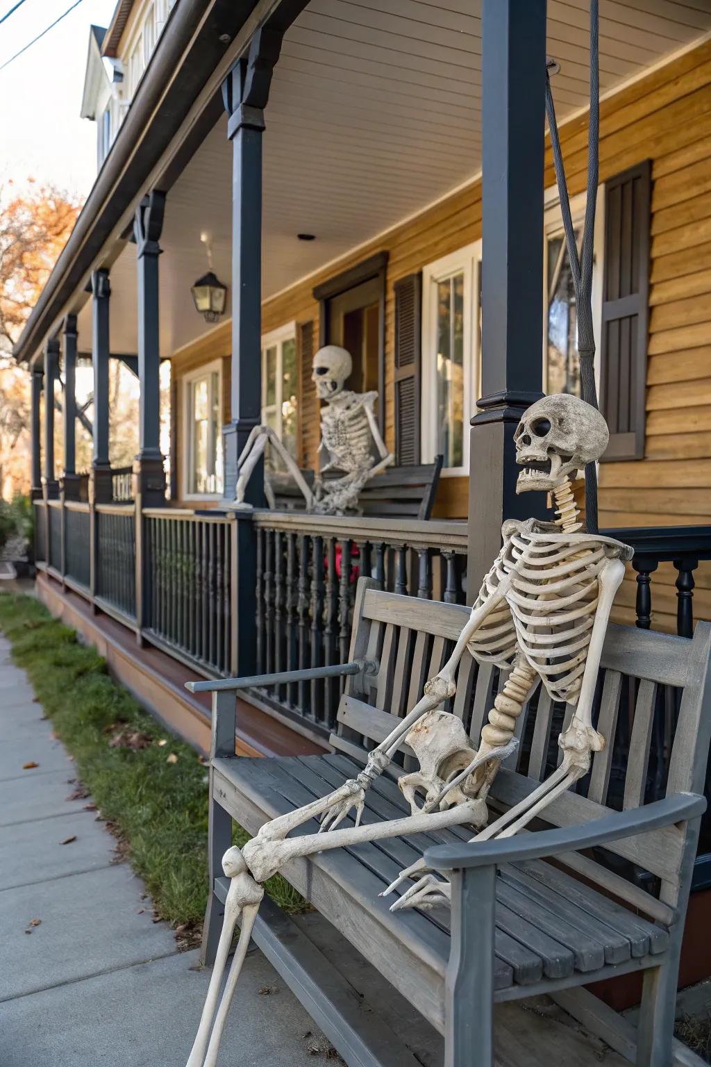Playful boney figures inject a humorous element into this spooky setting.